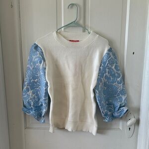 White Sweater with Blue Patterned Sleeves